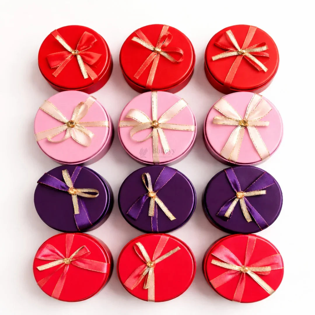 Round Empty Decorative Tin Box | Mixed Colours with Bow Designs | Pack of 12 - Bakeyy.com - India - Round Empty Decorative Tin Box | Mixed Colours with Bow Designs | Pack of 12 - Default Title 720.00