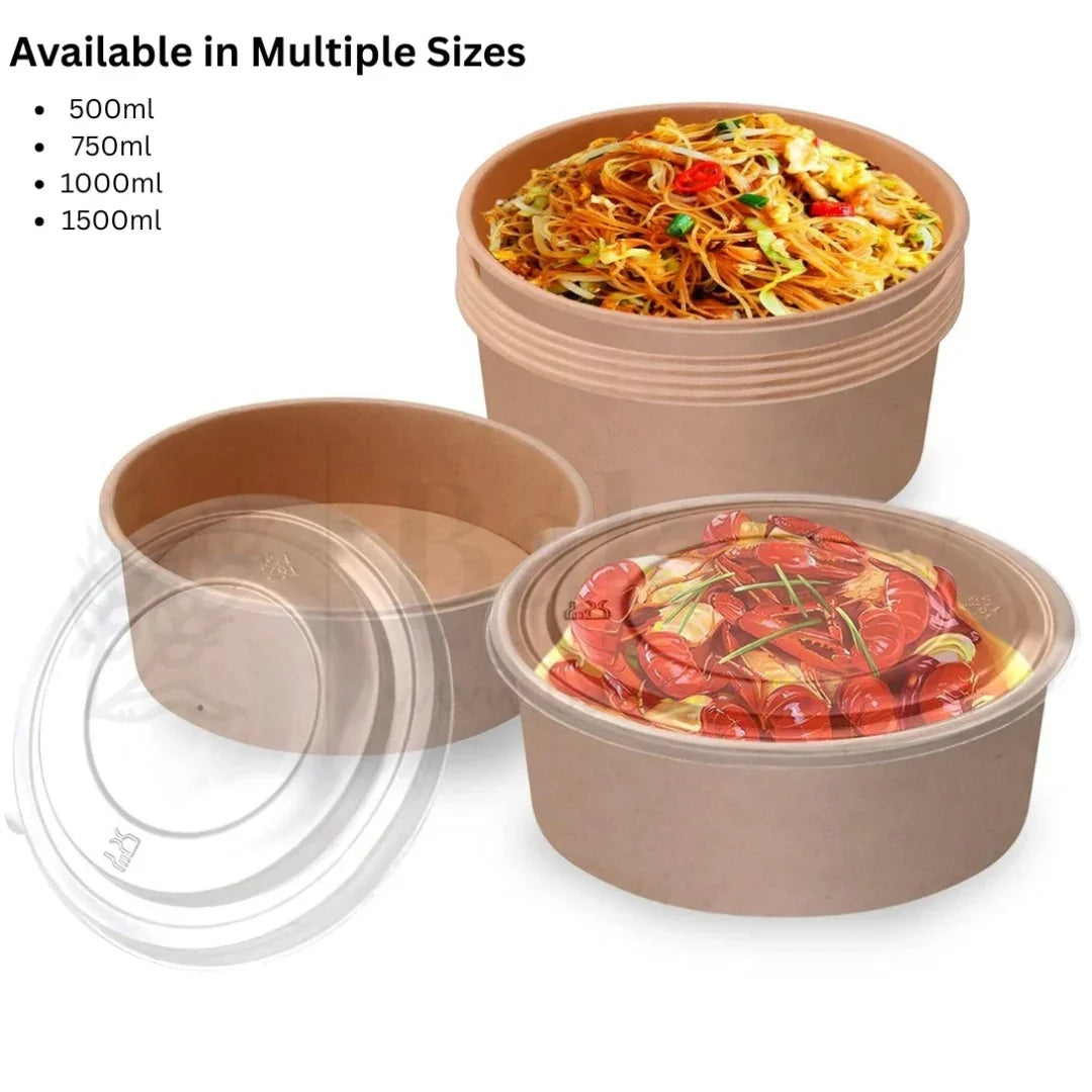 Disposable Round Kraft Containers for Food With Lid | Pack of 50 | Kraft Tub | Dessert Tubs