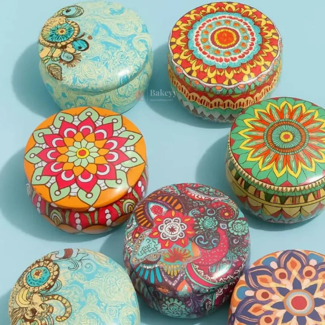 Colorful round tin boxes with mandala prints, ideal for gift packaging from Bakeyy.com