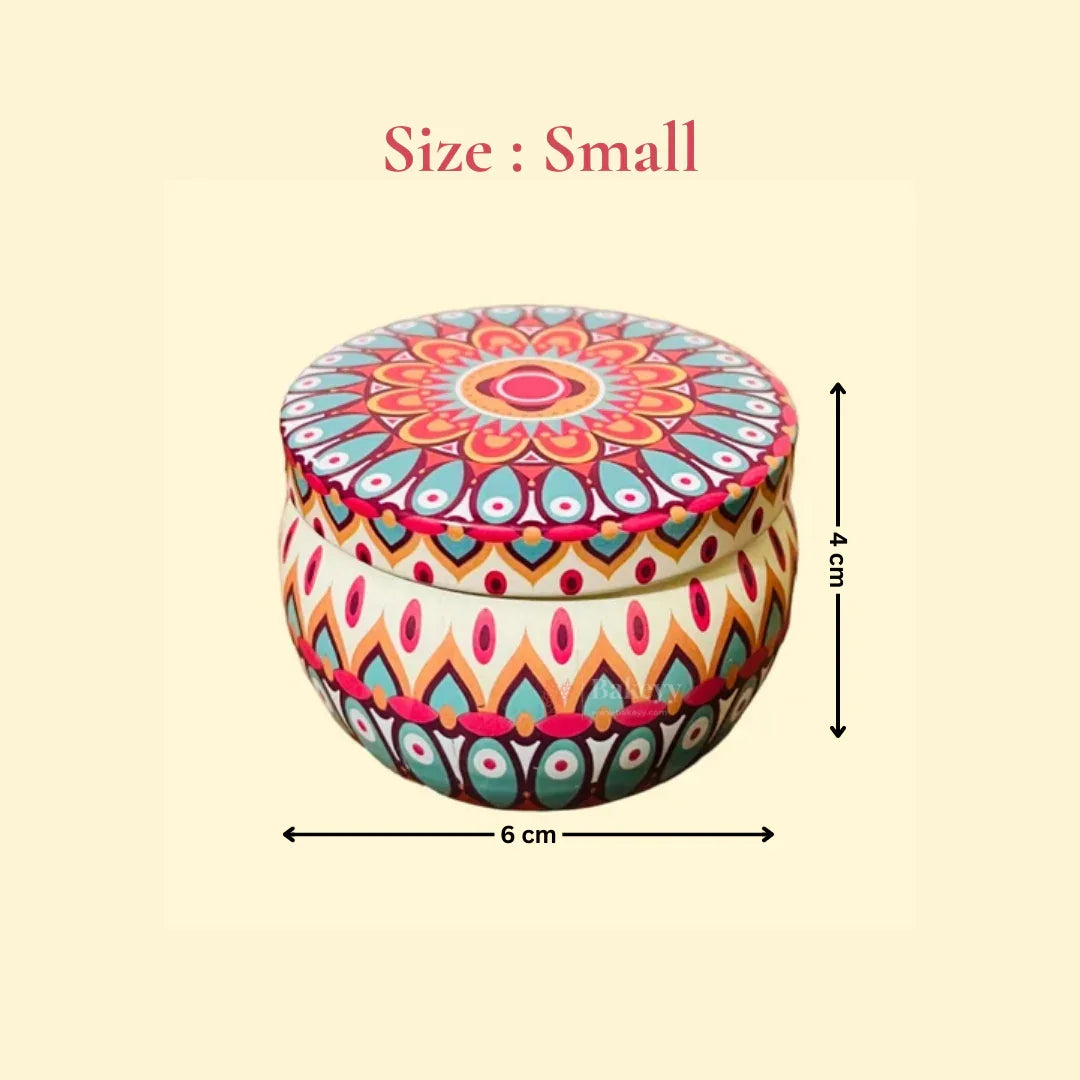 Small round mandala print tin box, 6 cm x 4 cm, for gift packaging at Bakeyy.com