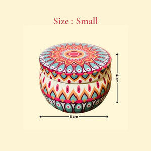 Small round mandala print tin box, 6 cm x 4 cm, for gift packaging at Bakeyy.com