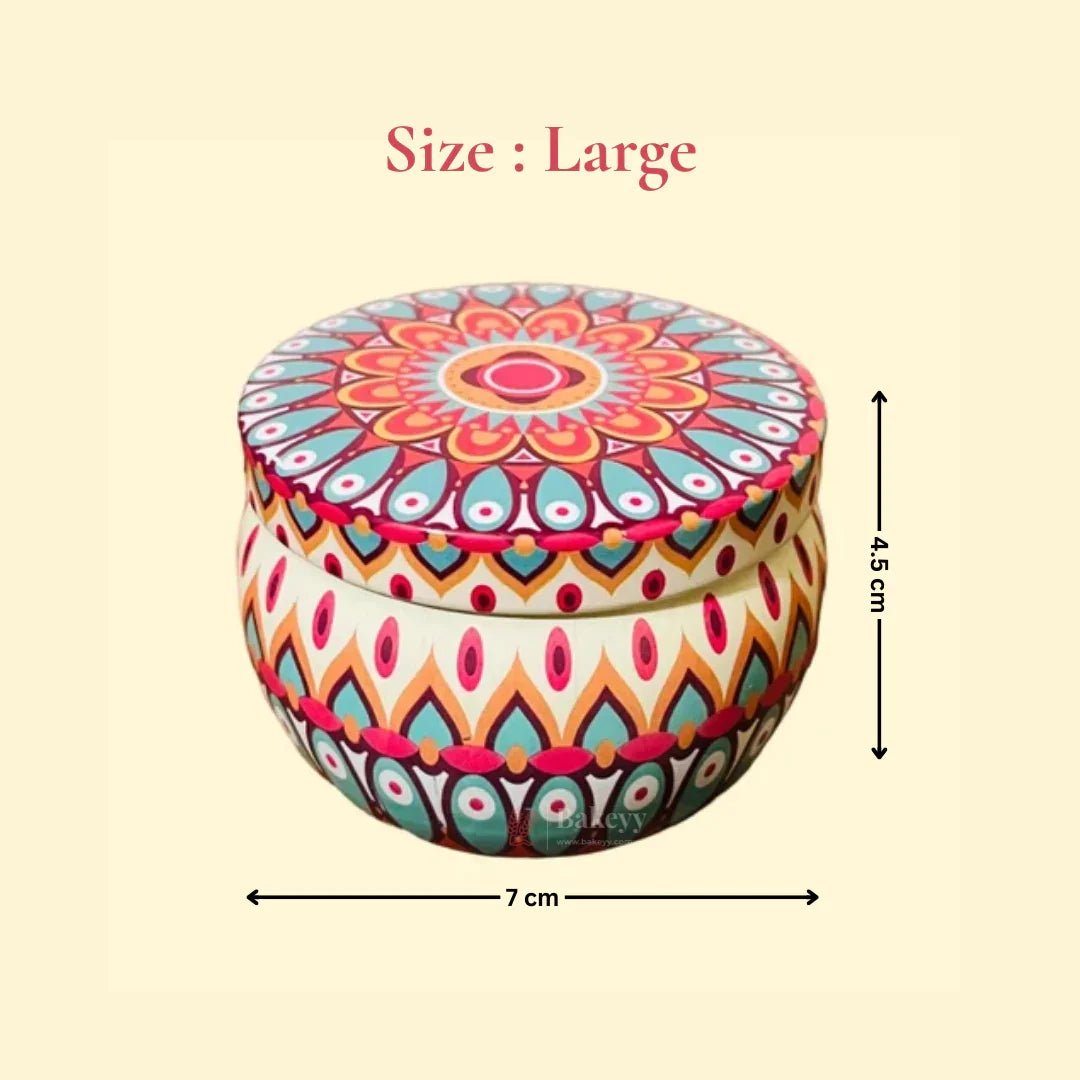 Large round Matka mandala print tin box, 7 cm x 4.5 cm, vibrant gift packaging from Bakeyy