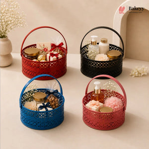 Four decorative baskets in red, blue, and black with various items on a beige surface.