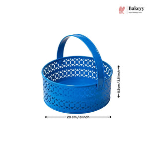 Blue perforated basket with handle and dimensions on a white background, featuring the Bakeyy brand.