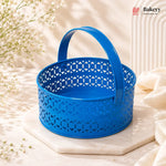 Blue decorative basket with intricate patterns on a light background, featuring the brand 'Bakeyy'.