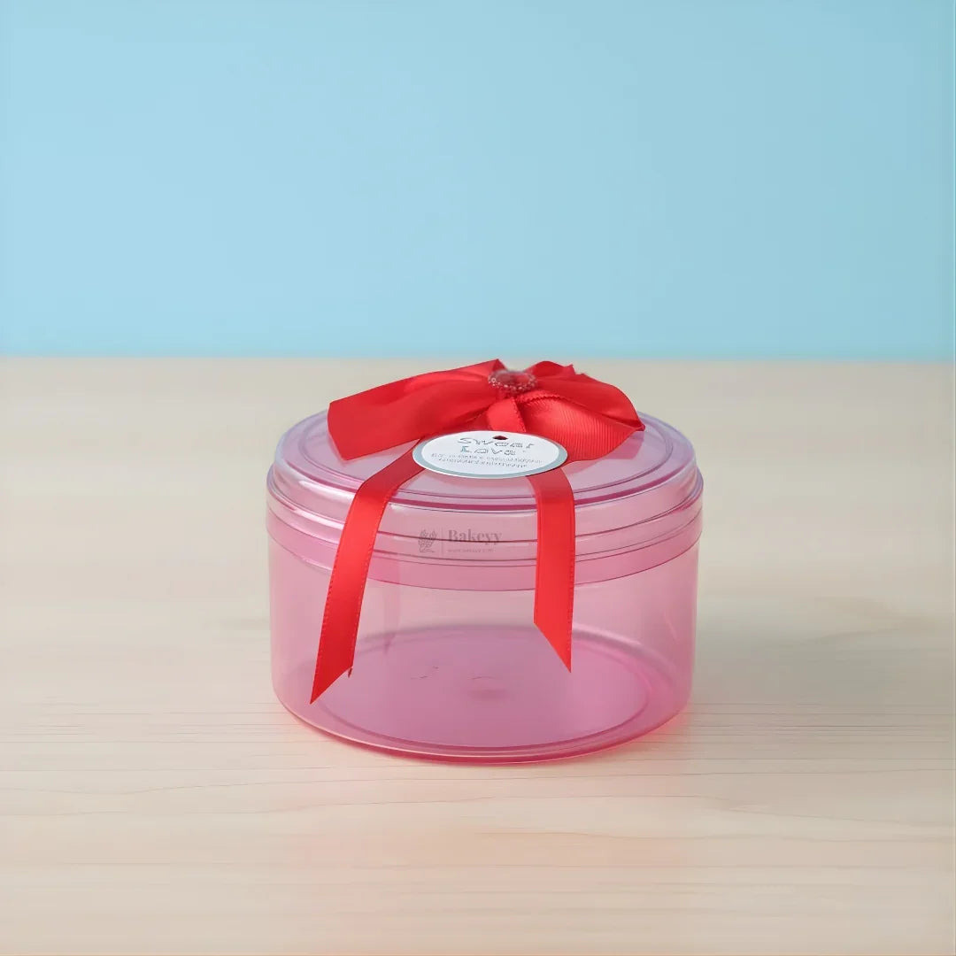 Round red acrylic gift box with lid and ribbon, Bakeyy wholesale packaging supply