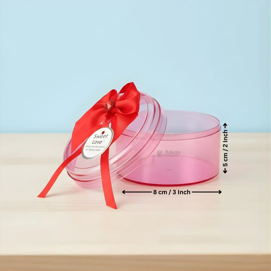 Round red acrylic gift box with bow, 8x5 cm, decorative packaging by Bakeyy.com