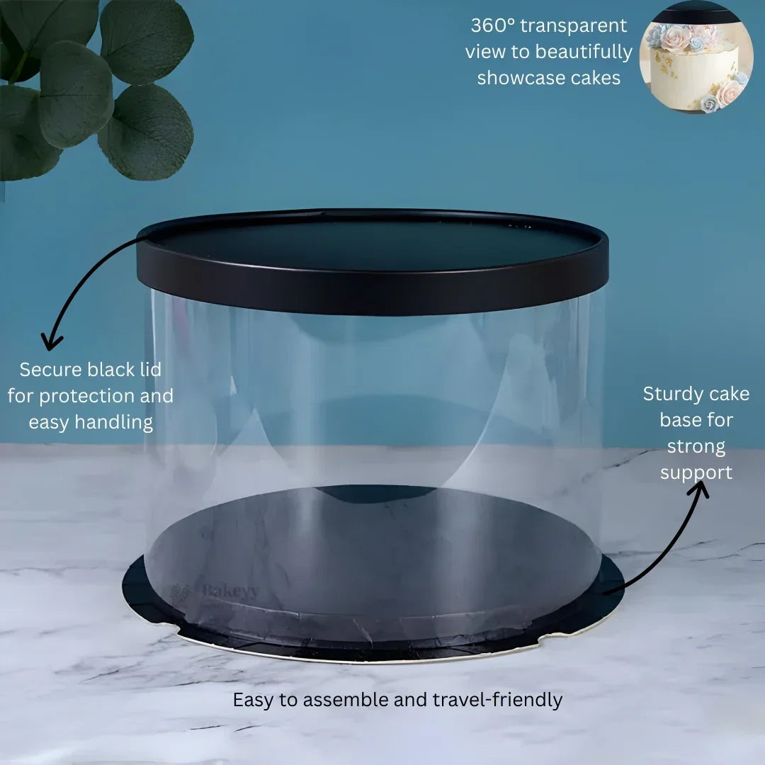 Luxury Round Cake Box | Durable Base & Top | Premium Transparent Design Cake Box | Pack of 5 - Bakeyy.com - India - Luxury Round Cake Box | Durable Base & Top | Premium Transparent Design Cake Box | Pack of 5 - Black 650.00