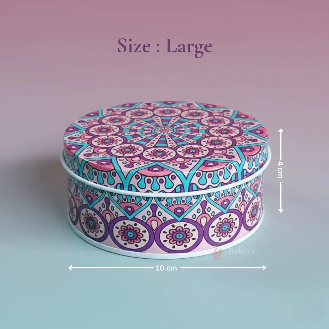 Large round mandala print tin box, 10x4 cm, for gift packaging from Bakeyy India.
