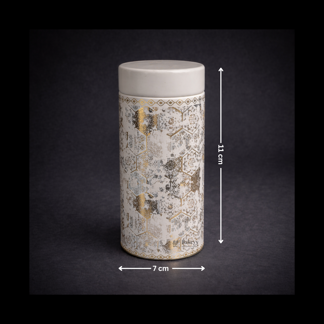 Premium Grey & Gold Hexagon Print Round Metal Tin Box | 1 Piece