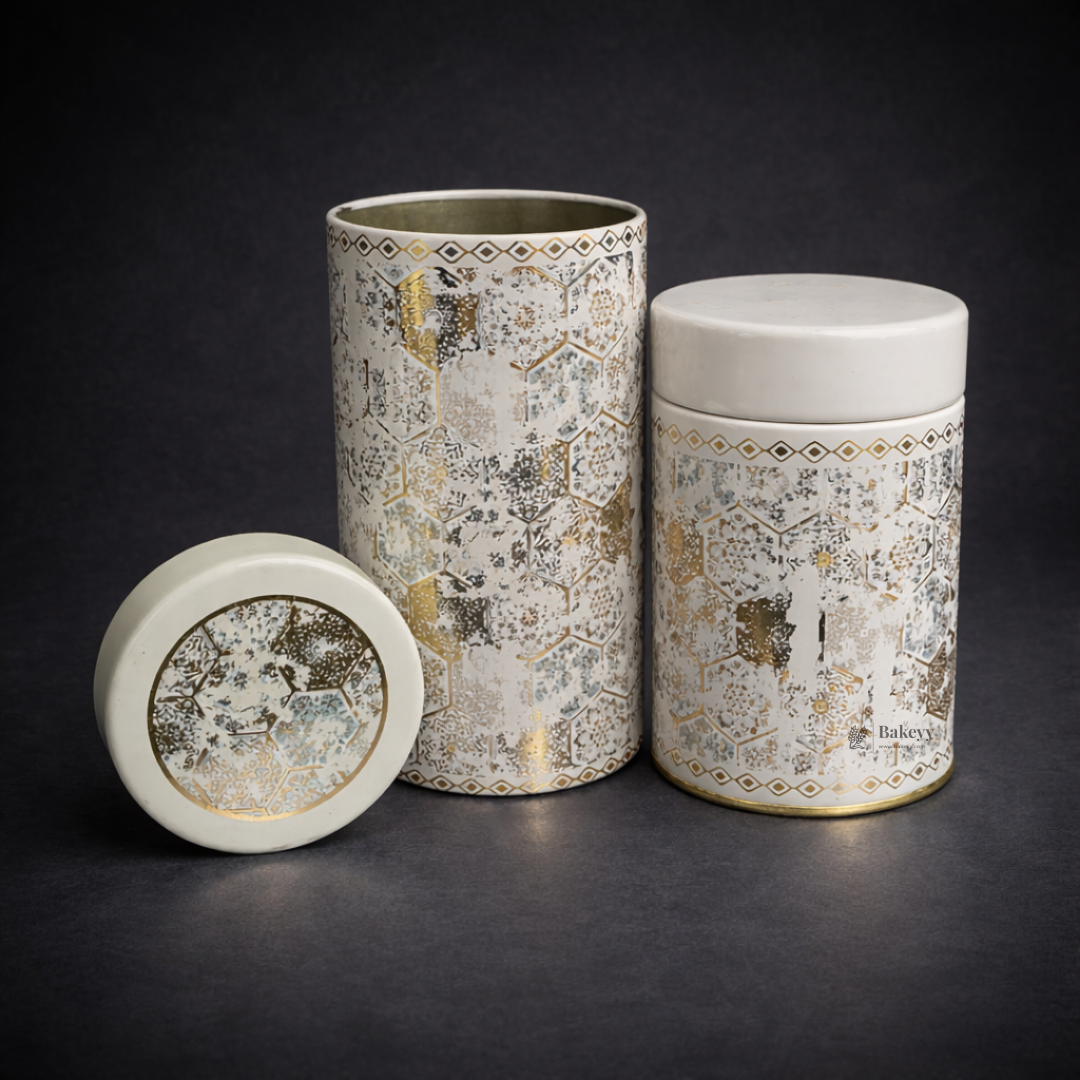 Premium Grey & Gold Hexagon Print Round Metal Tin Box | 1 Piece