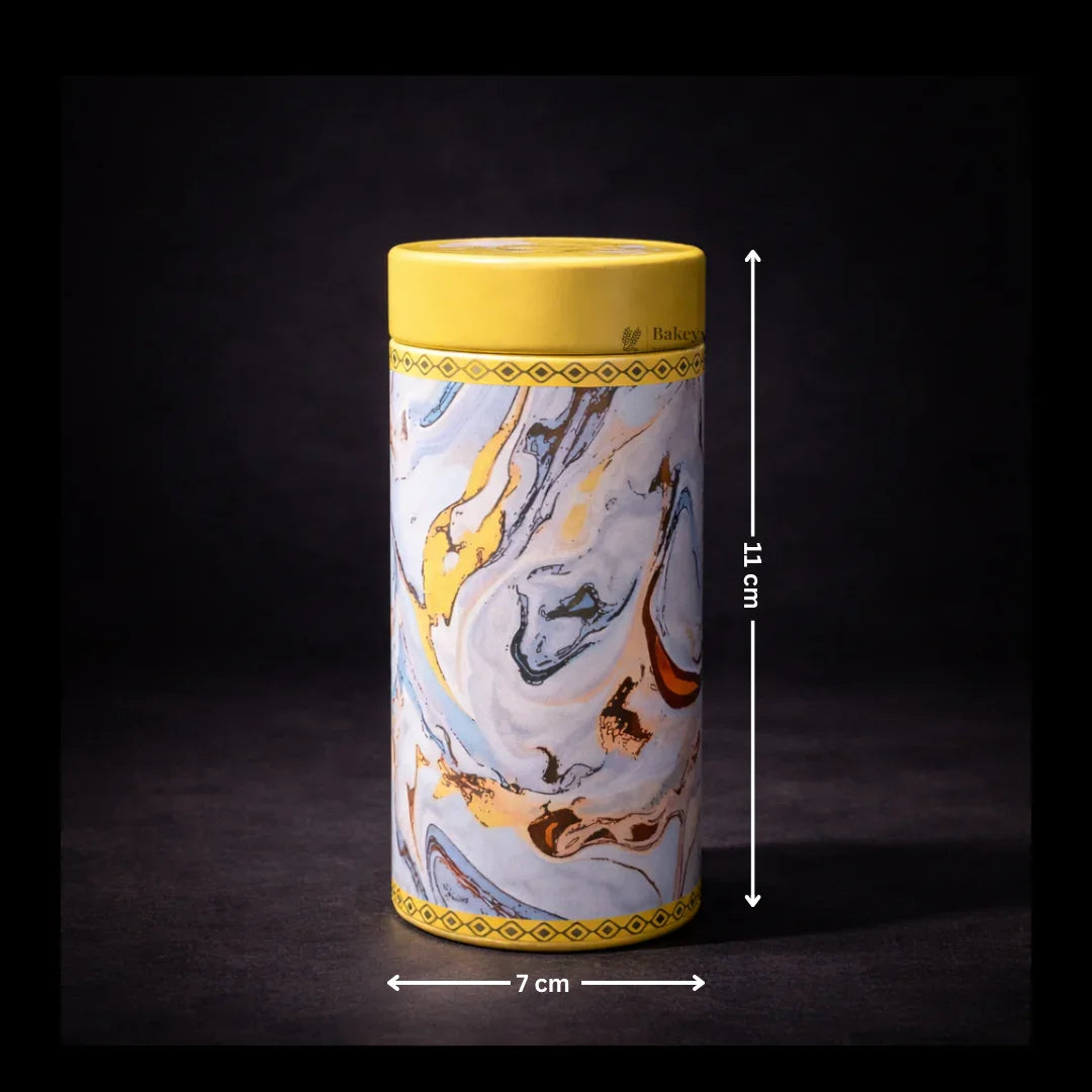 Round metal tin box with yellow lid, marble print, 11x7 cm, gift packaging from Bakeyy
