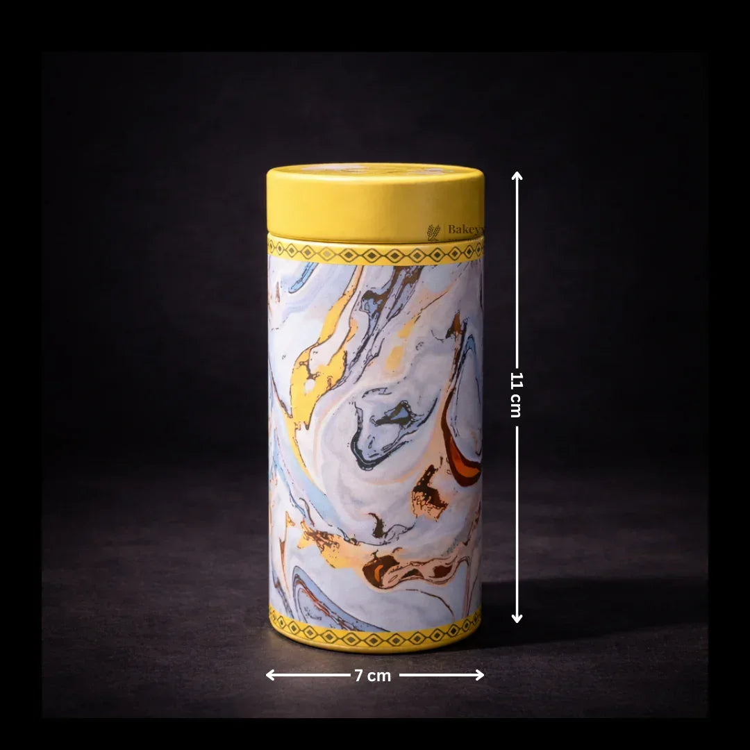 Round metal tin box with yellow lid, marble print, 11x7 cm, gift packaging from Bakeyy