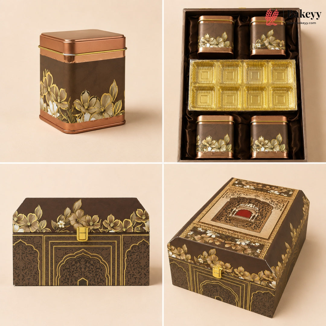 Four-panel product display of an ornate tea gift set and matching storage boxes on a warm beige background. The set includes a square copper-toned tin with gold floral decoration, a boxed arrangement of smaller matching tins and gold trays, a rectangular lidded box with gold floral detailing, and a decorative lidded storage box with intricate gold patterns.