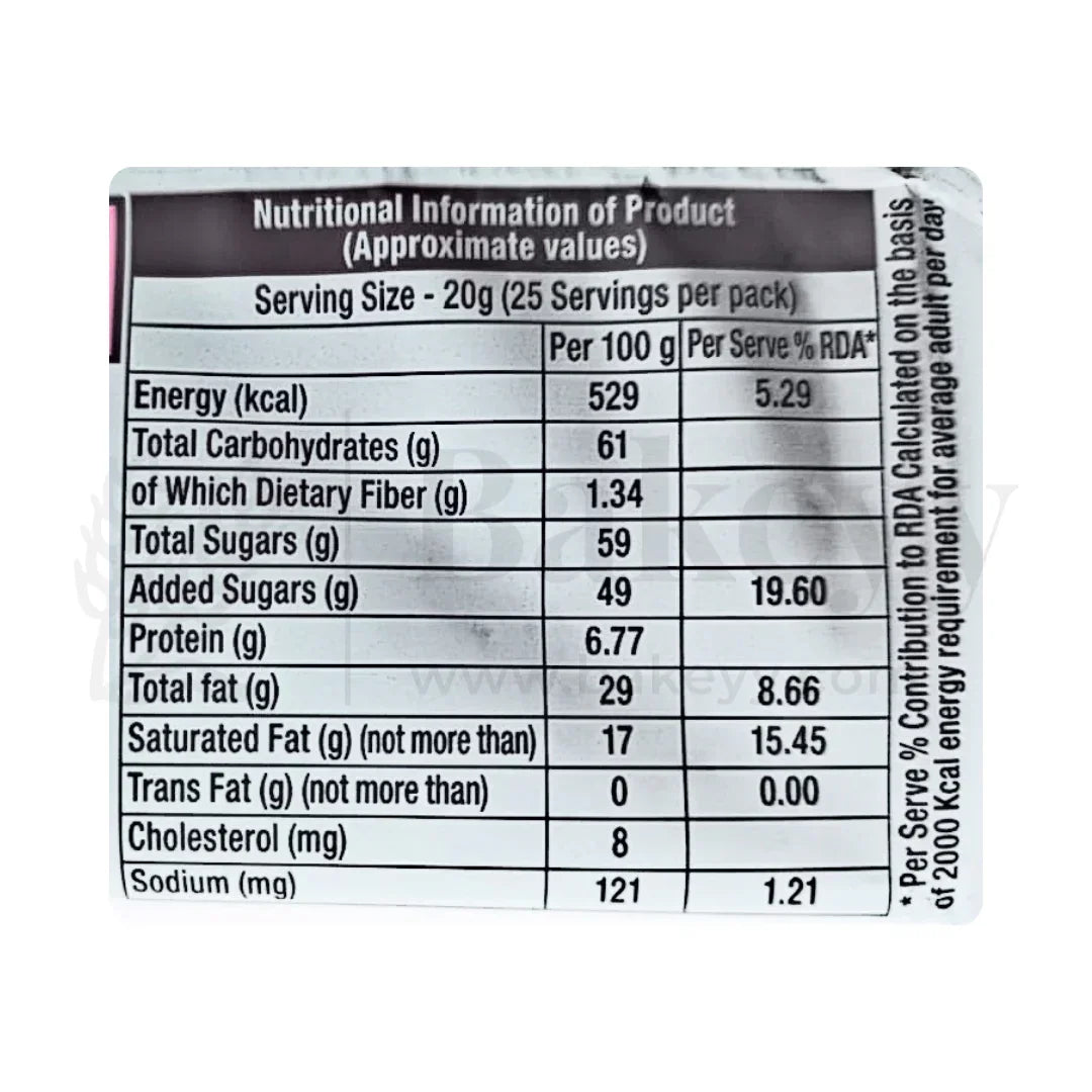 Nutritional information label on a product packaging with serving size and detailed nutritional values.
