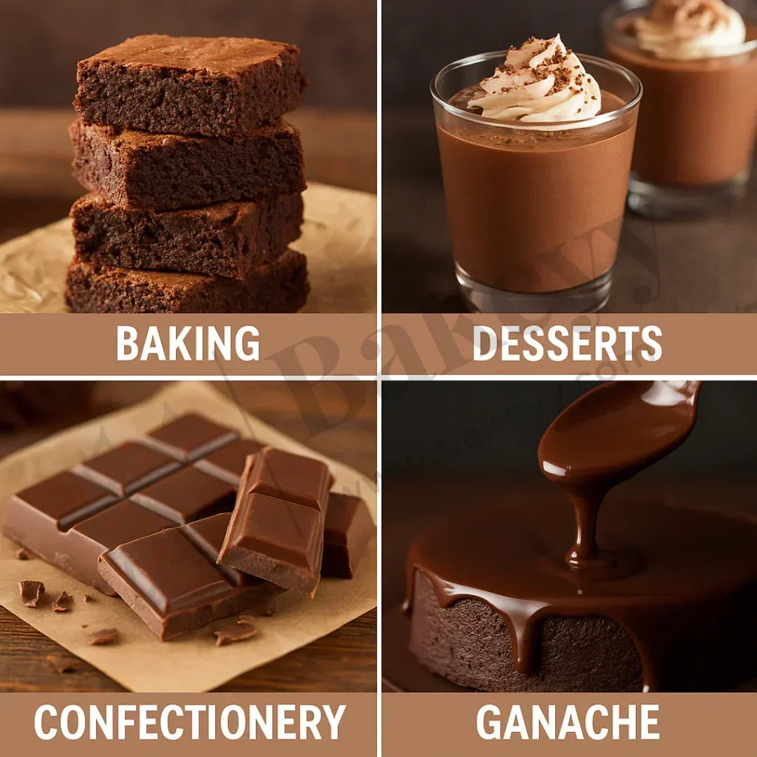 Collage of chocolate-themed images including brownies, mousse, chocolate bars, and ganache with labeled categories.
