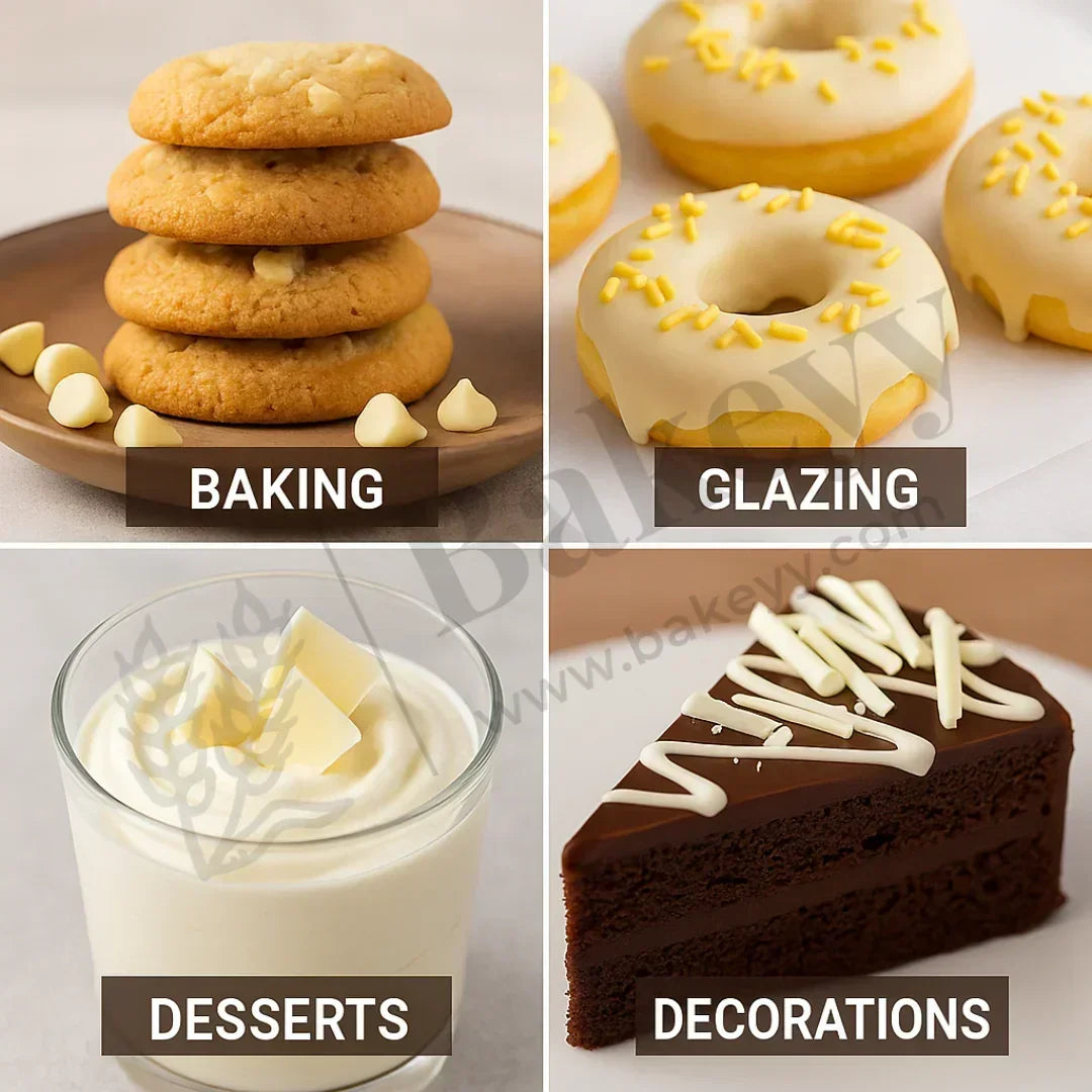 Collage of baking, glazing, desserts, and decorations with text labels.