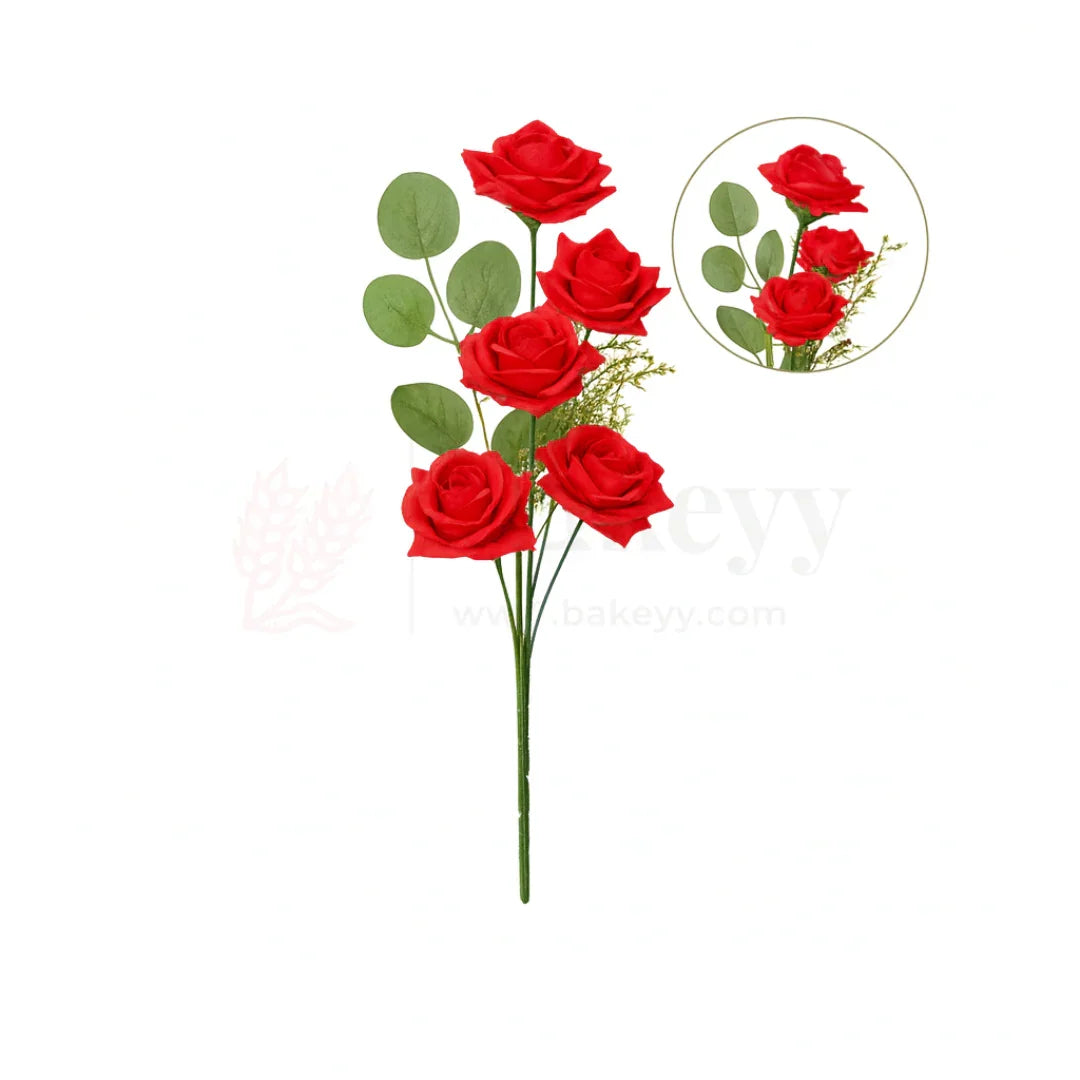 Artificial Red Bloomed Rose Flower Bouquet - 40cm | Elegant Faux Floral Bunch for Home Decor, Vase Styling & Events - Pack of 1