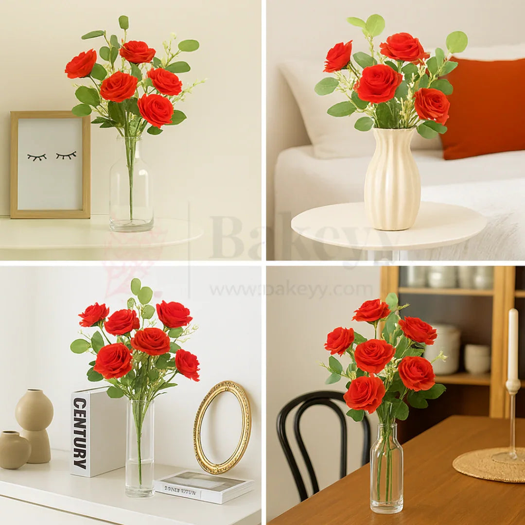 Artificial Red Bloomed Rose Flower Bouquet - 40cm | Elegant Faux Floral Bunch for Home Decor, Vase Styling & Events - Pack of 1