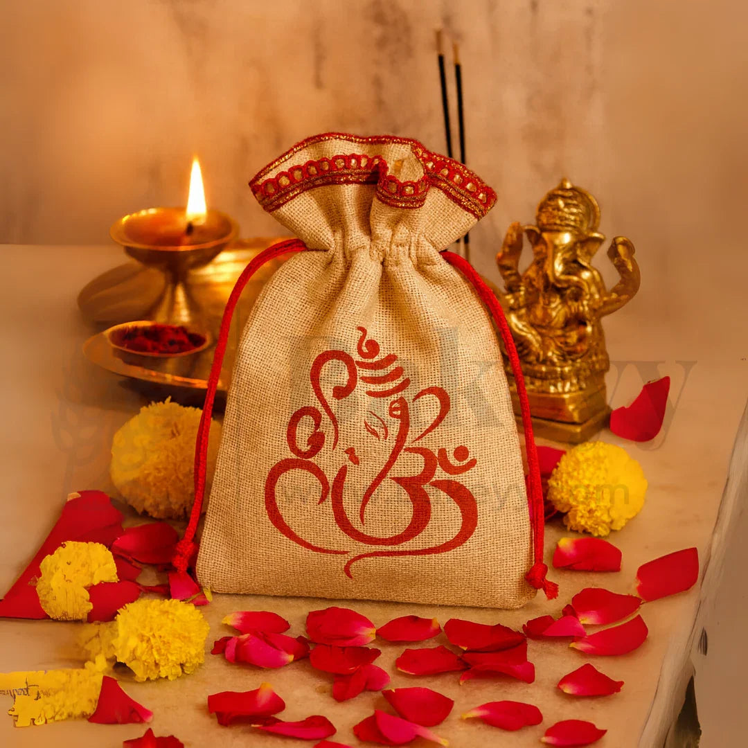 15x20 CM | Lord Ganesh Printed Jute Potli Bag | Return Gift Bags | Drawstring Pouches | Eco-Friendly Gifting - Pack of 50