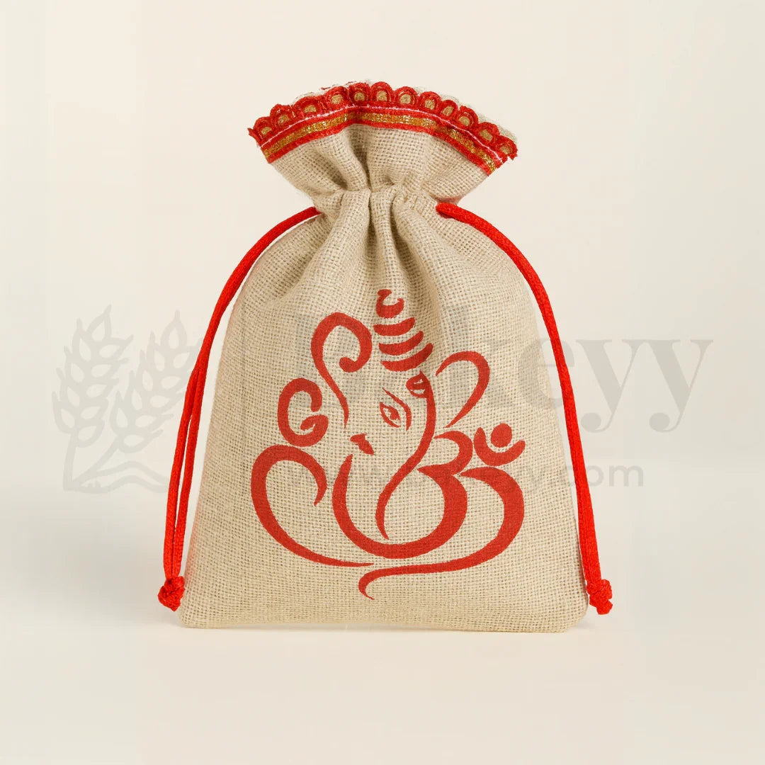15x20 CM | Lord Ganesh Printed Jute Potli Bag | Return Gift Bags | Drawstring Pouches | Eco-Friendly Gifting - Pack of 50