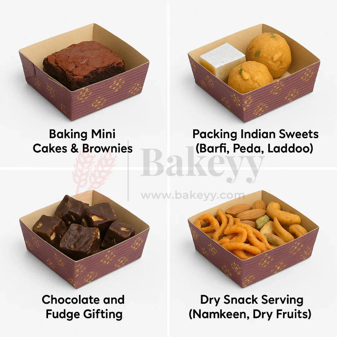 Brownie Bake N Serve Paper Trays | Pack of 50 | Floral Print Square Cups in Brown for Elegant Baking & Serving