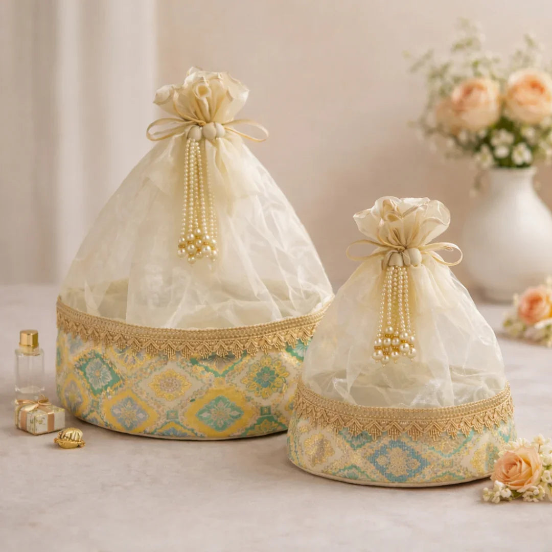 Royal Organza Potli Bag | Wooden Round Base and Pearl Tassel Satin Tie | Premium Potli Bag | Pack of 1