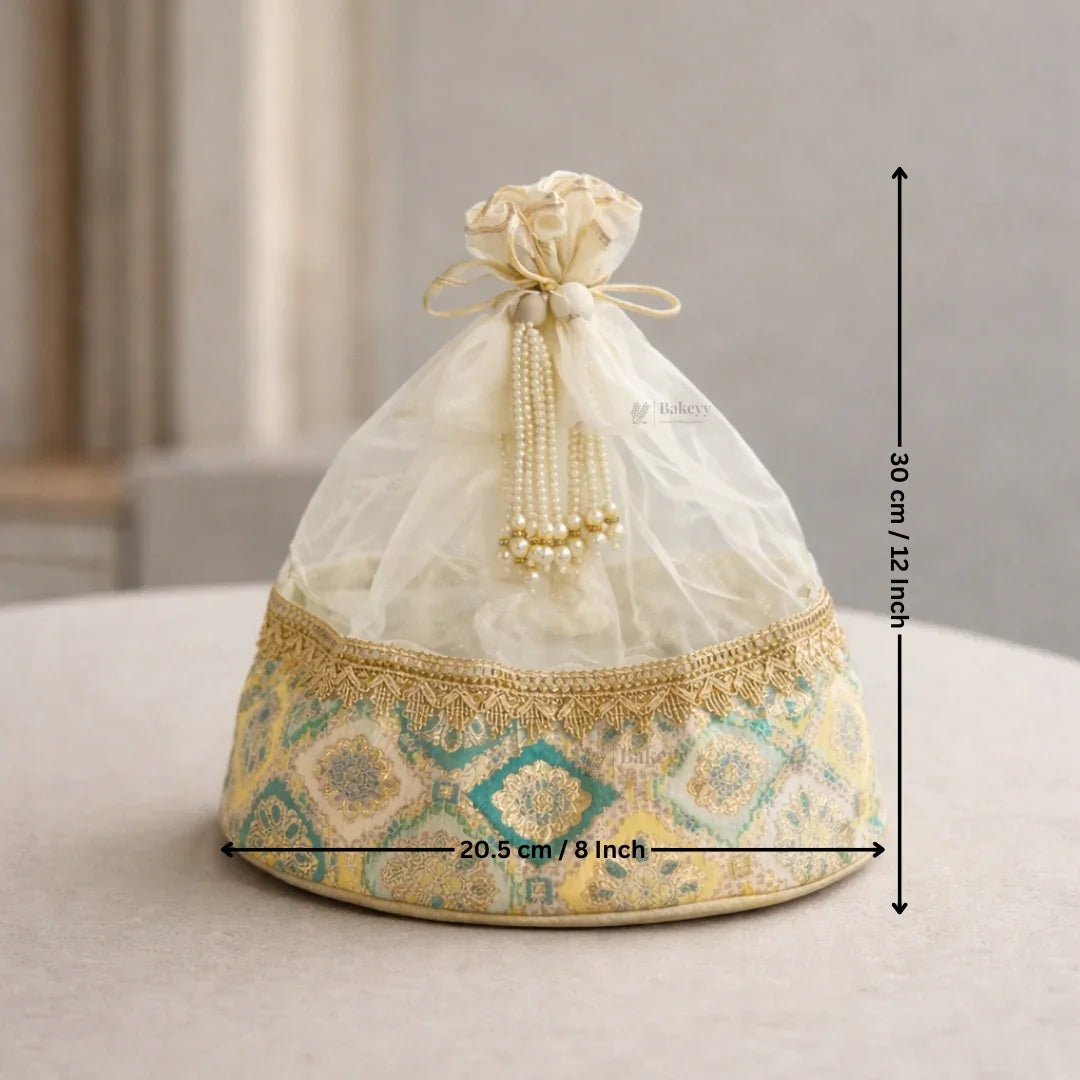 Royal Organza Potli Bag | Wooden Round Base and Pearl Tassel Satin Tie | Premium Potli Bag | Pack of 1