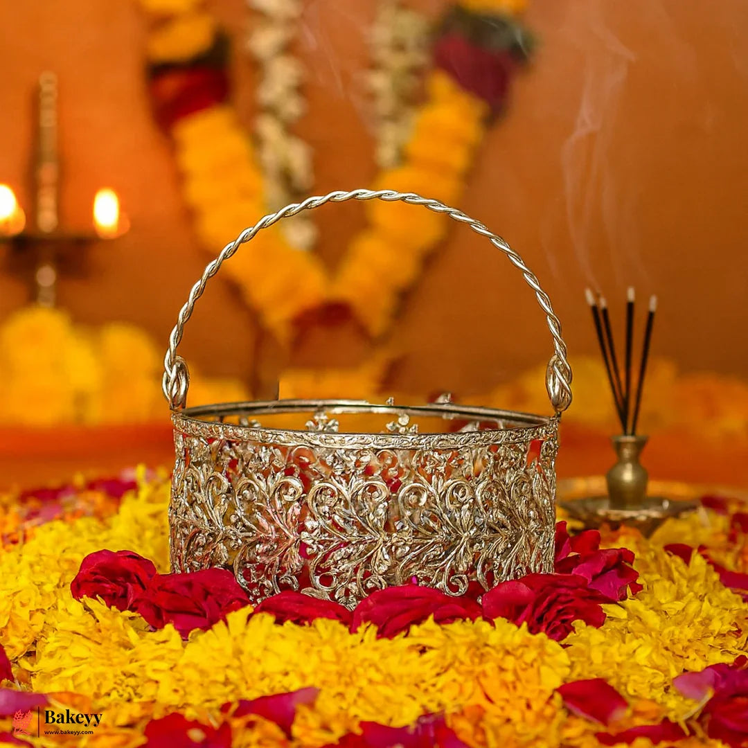 Royal Silver Metal Basket | Elegant Serving & Gifting Accessory | Gift Baskets For Dry Fruits, Gift Hampers, Return Gift For Wedding, Anniversary, Birthday, House Warming - Bakeyy.com - India - Royal Silver Metal Basket | Elegant Serving & Gifting Accessory | Gift Baskets For Dry Fruits, Gift Hampers, Return Gift For Wedding, Anniversary, Birthday, House Warming - 5 Inch