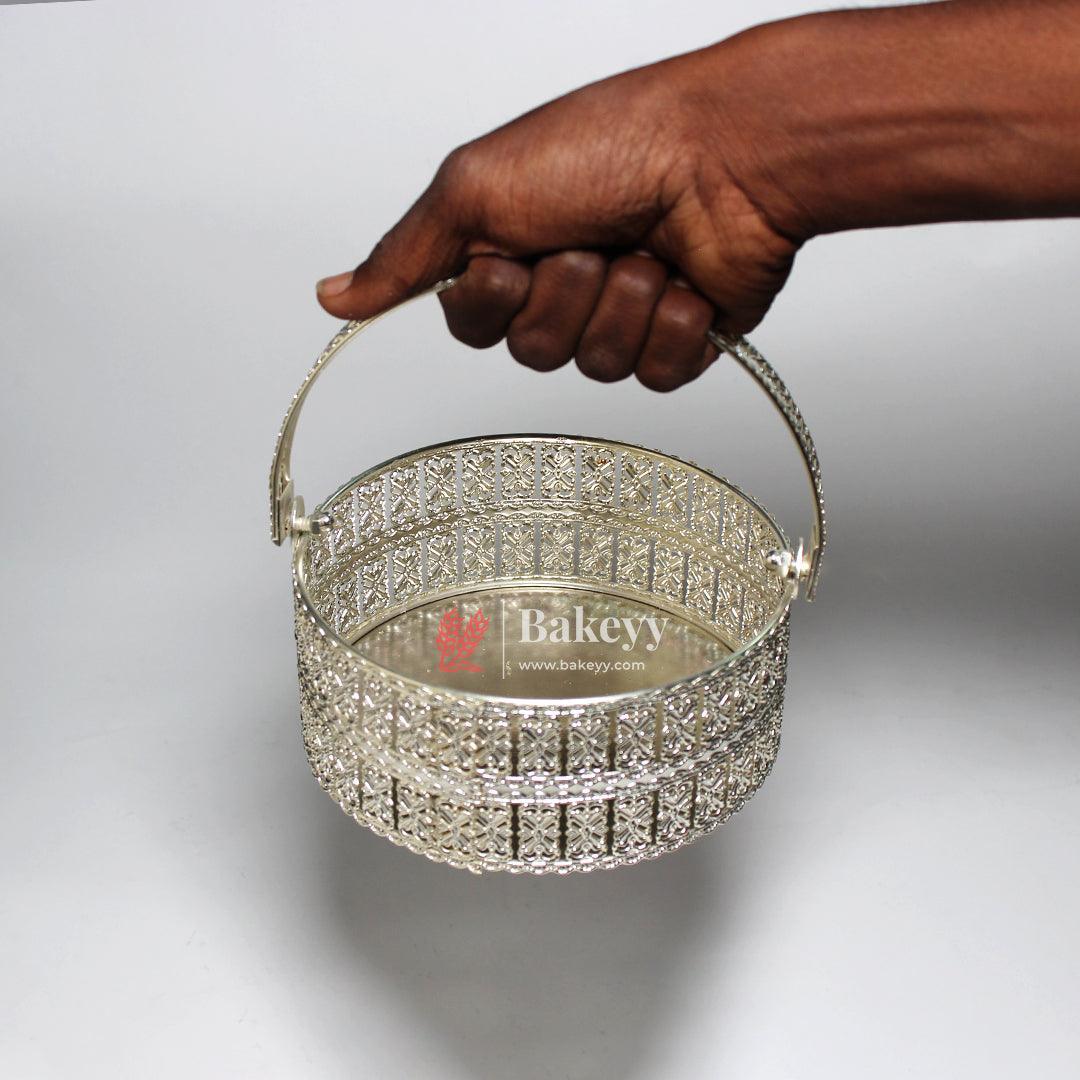 Elegant Silver Plated Metal Basket |Premium Gifting & Serving Accessory| for Weddings, Festivals & Special Occasions - Bakeyy.com - India - Elegant Silver Plated Metal Basket |Premium Gifting & Serving Accessory| for Weddings, Festivals & Special Occasions - 6 inch