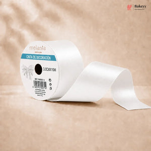 Roll of white ribbon with 'melania' label on a beige background