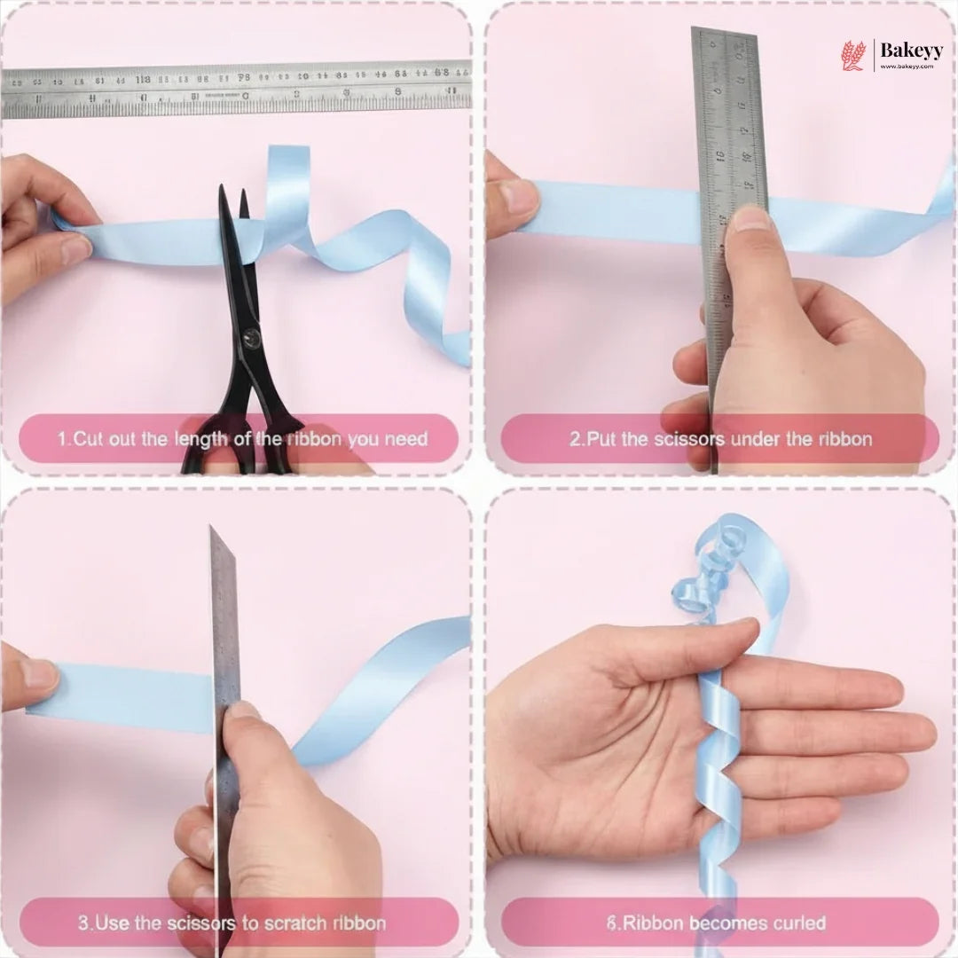 Step-by-step guide on how to curl ribbon using scissors and a ruler.