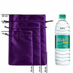 Purple drawstring bag with measurements next to a Bisleri water bottle
