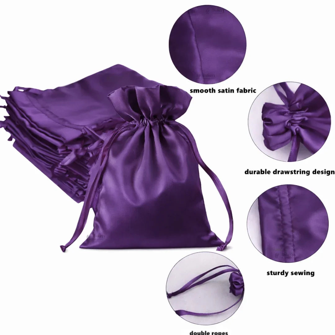 Purple satin drawstring bag with close-up details on a white background