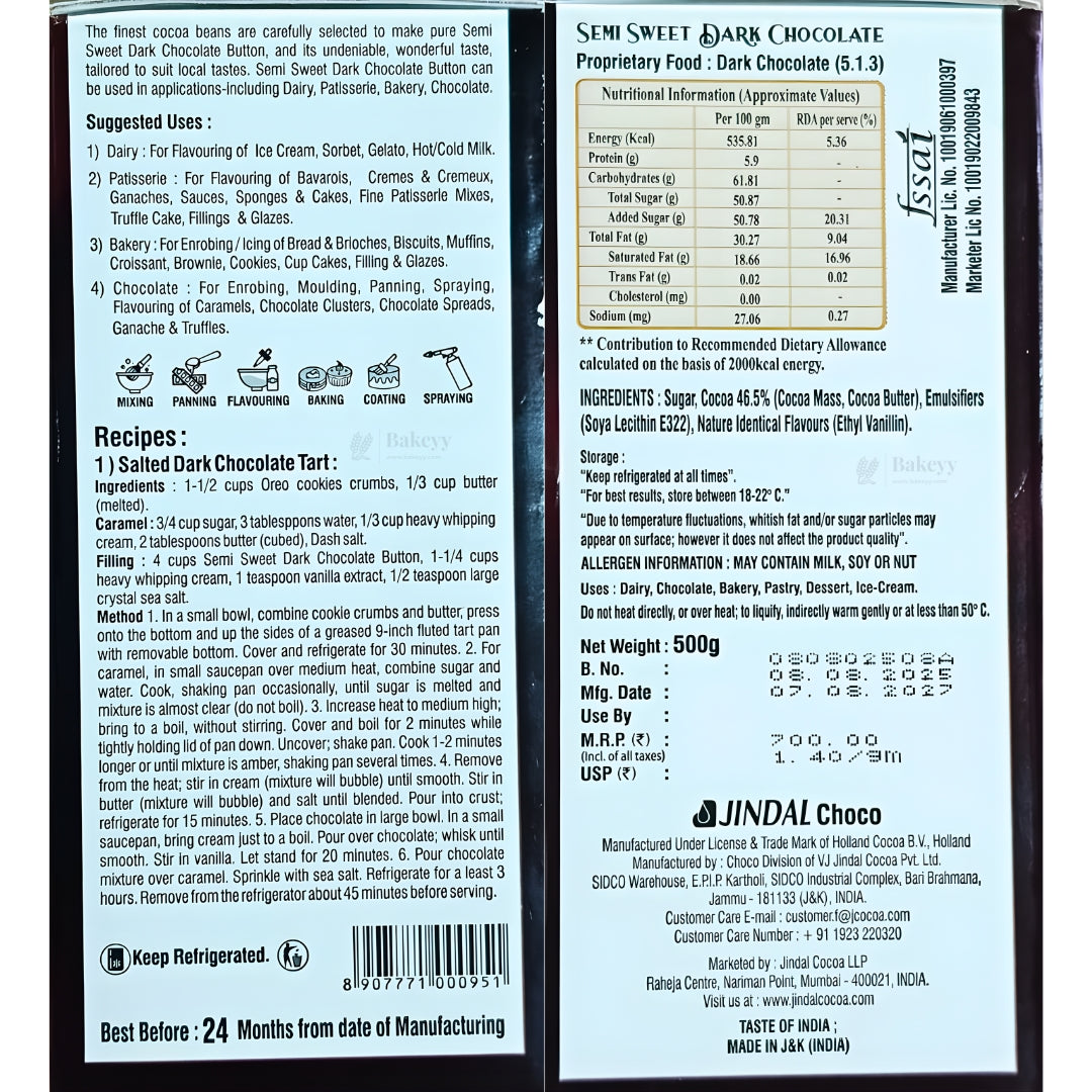 Semi Sweet Dark Chocolate Couverture | True Bel | Truff Belge | 500g Net Weight | Pack of 1 Piece