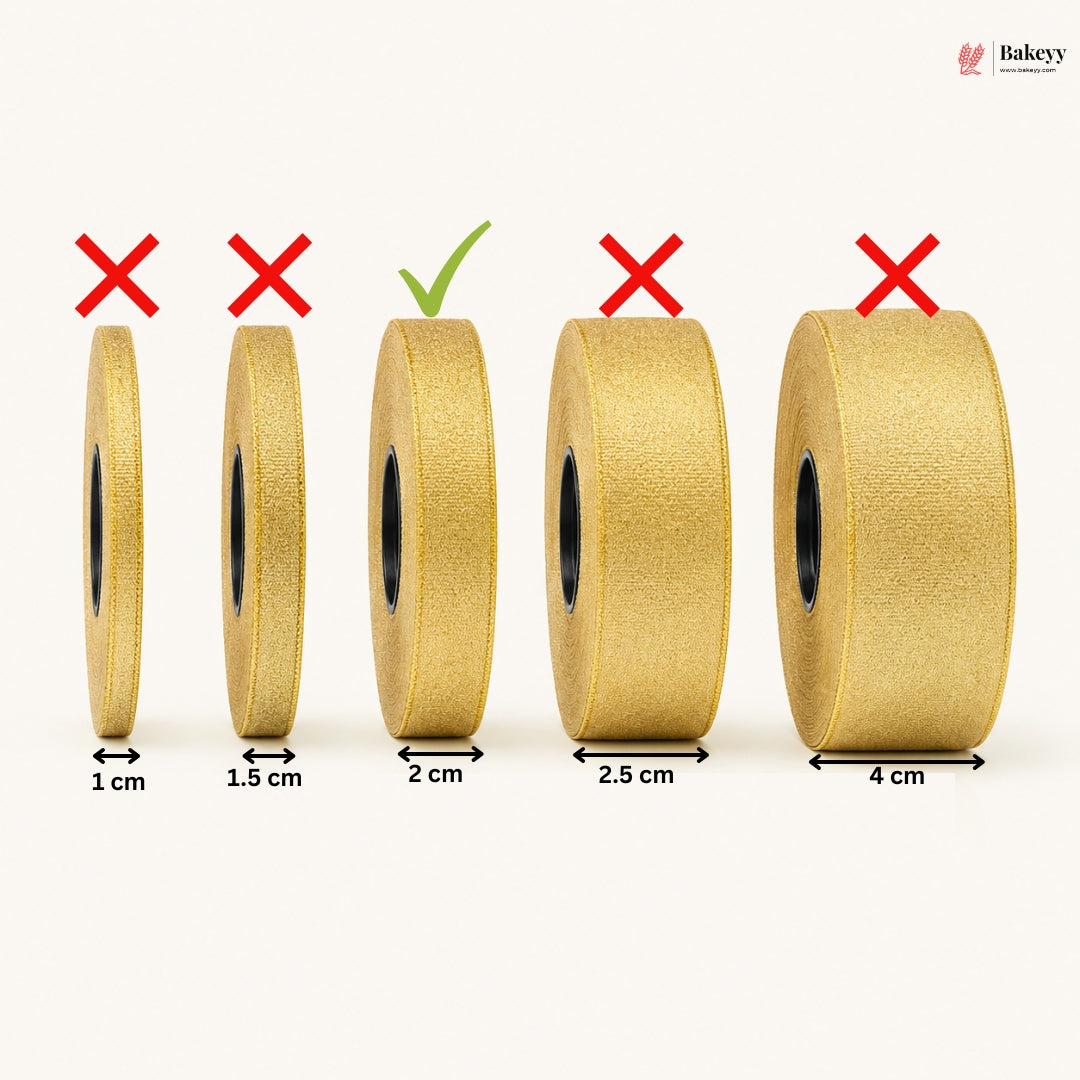 Gold ribbon rolls with dimensions labeled and correct roll highlighted.