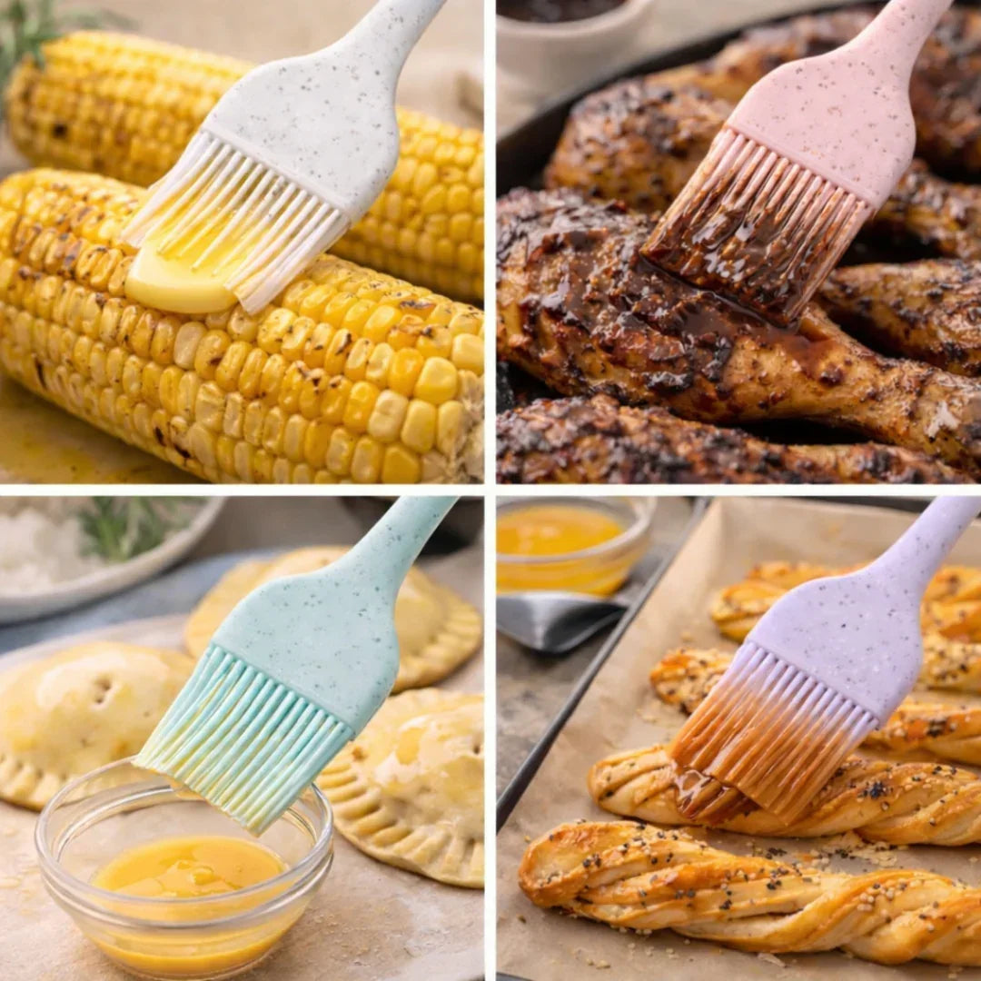 Colorful silicone pastry brushes from Bakeyy.com used for buttering corn, glazing chicken, egg washing pastries, and brushing breadsticks.