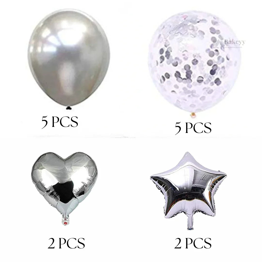 Silver Heart & Star Balloon Set | Party Decoration Combo | 14 pc Set | 1 Piece