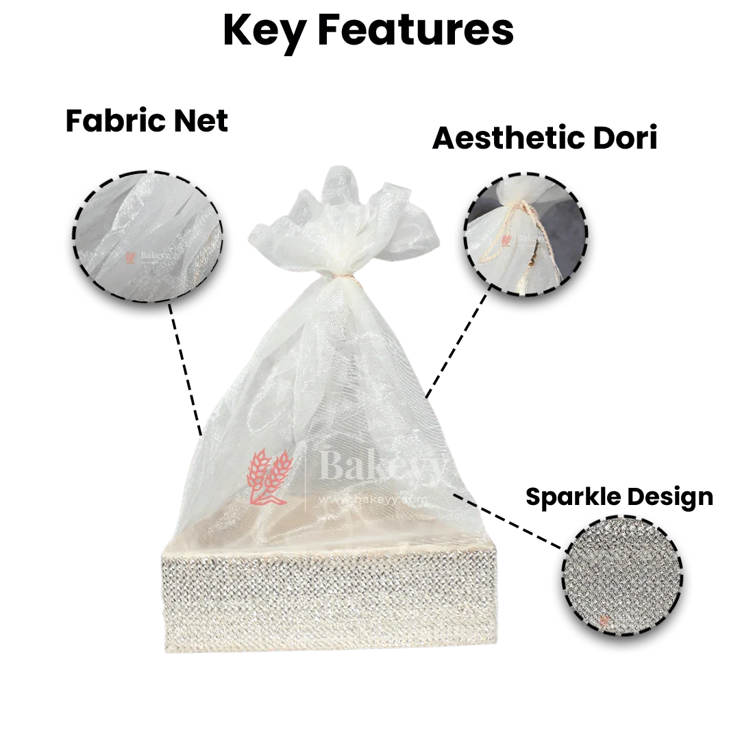 Silver Crystal Mesh Gifting Tray with Ivory Net Cover and Tassel Accents | Luxury Hamper for Special Occasions - Bakeyy.com - India - Silver Crystal Mesh Gifting Tray with Ivory Net Cover and Tassel Accents | Luxury Hamper for Special Occasions - Small - 8 Inches