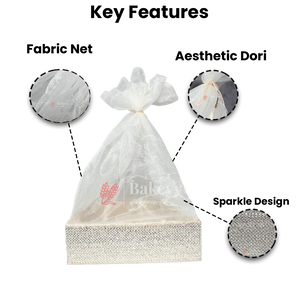 Silver Crystal Mesh Gifting Tray with Ivory Net Cover and Tassel Accents | Luxury Hamper for Special Occasions - Bakeyy.com - India - Silver Crystal Mesh Gifting Tray with Ivory Net Cover and Tassel Accents | Luxury Hamper for Special Occasions - Small - 8 Inches