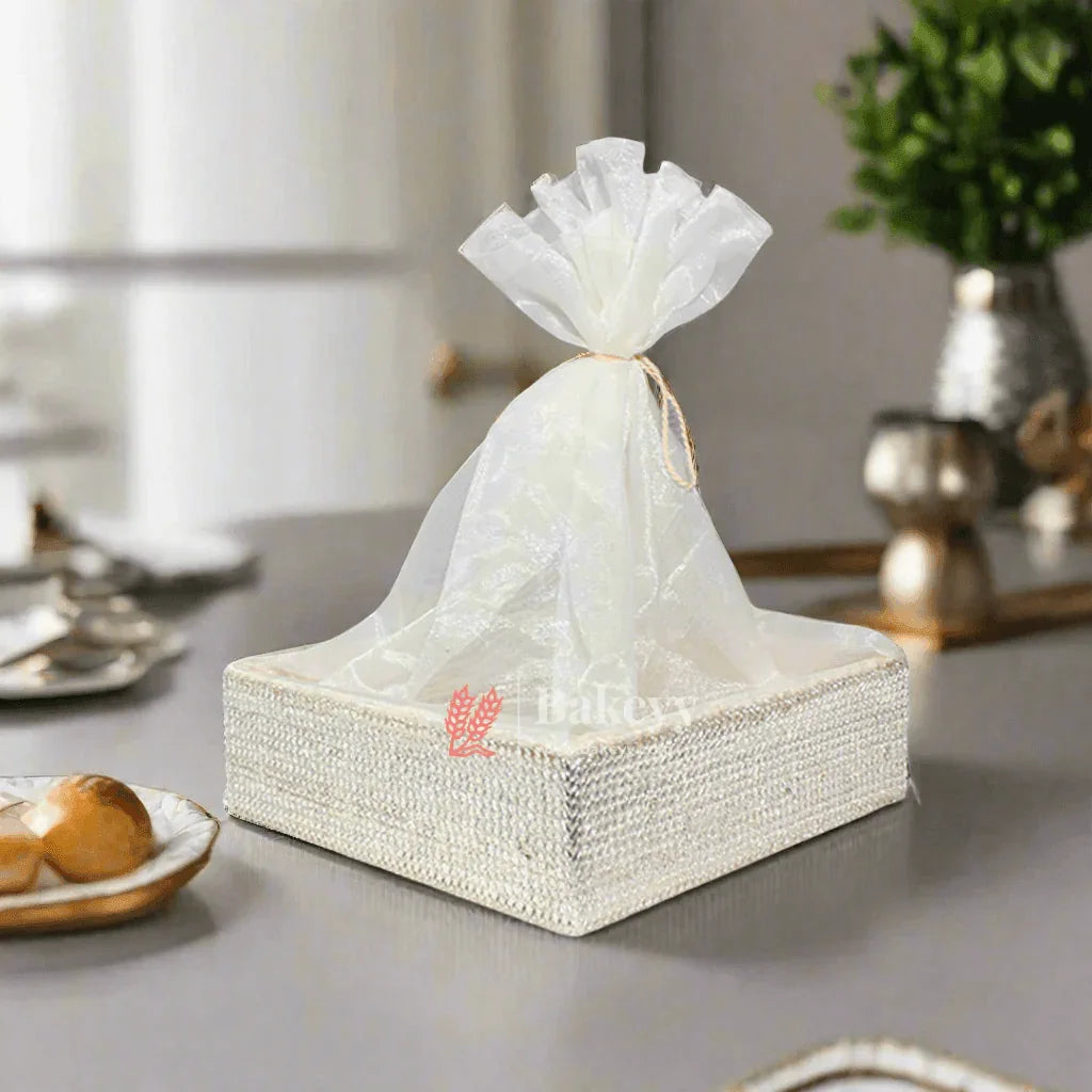 Silver Crystal Mesh Gifting Tray with Ivory Net Cover and Tassel Accents | Luxury Hamper for Special Occasions - Bakeyy.com - India - Silver Crystal Mesh Gifting Tray with Ivory Net Cover and Tassel Accents | Luxury Hamper for Special Occasions - Small - 8 Inches