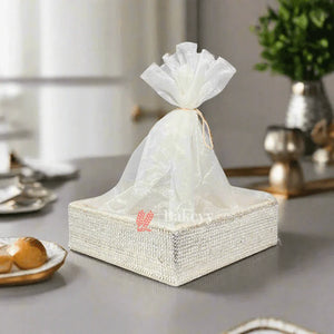 Silver Crystal Mesh Gifting Tray with Ivory Net Cover and Tassel Accents | Luxury Hamper for Special Occasions - Bakeyy.com - India - Silver Crystal Mesh Gifting Tray with Ivory Net Cover and Tassel Accents | Luxury Hamper for Special Occasions - Small - 8 Inches