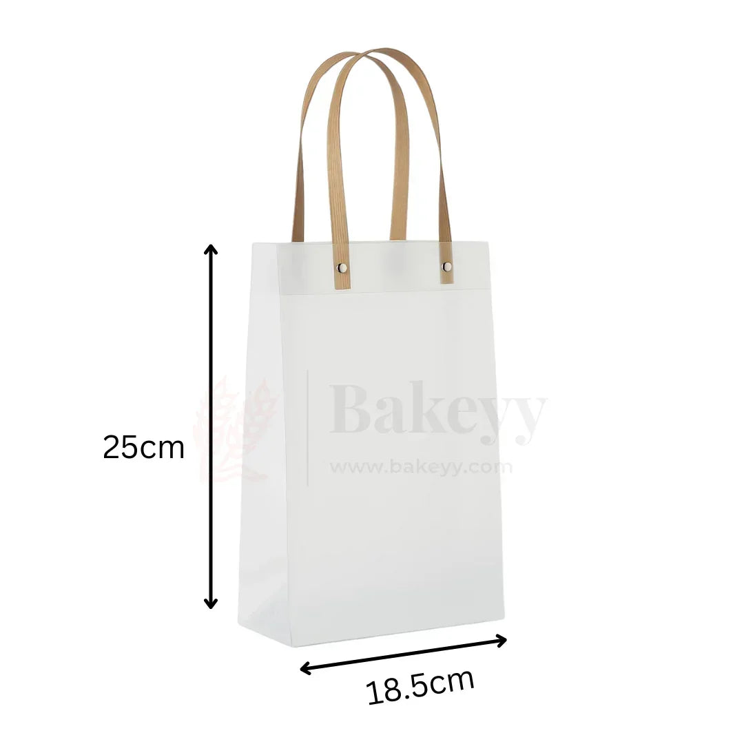 Frosted Matte Gift Bag with Wood-Textured Handles | Translucent PVC Party Favor & Retail Packaging | Pack Of 12 - Bakeyy.com - India - Frosted Matte Gift Bag with Wood-Textured Handles | Translucent PVC Party Favor & Retail Packaging | Pack Of 12 - 25x18x8 Cm