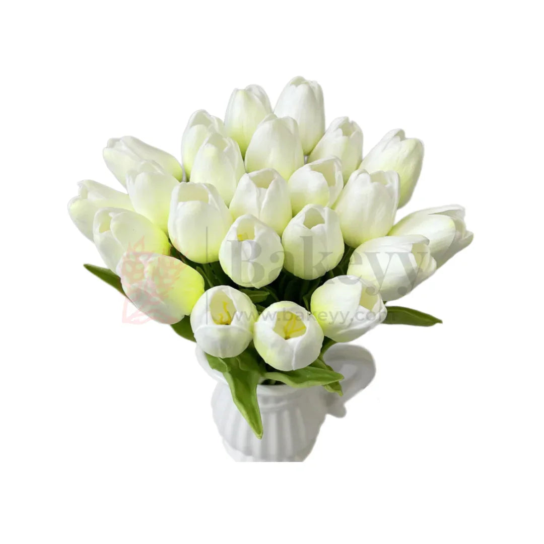 Tulip Flower Sticks | White with Green Shade | Artificial Floral Stems for Decoration Real Touch Feel - 10 Pieces