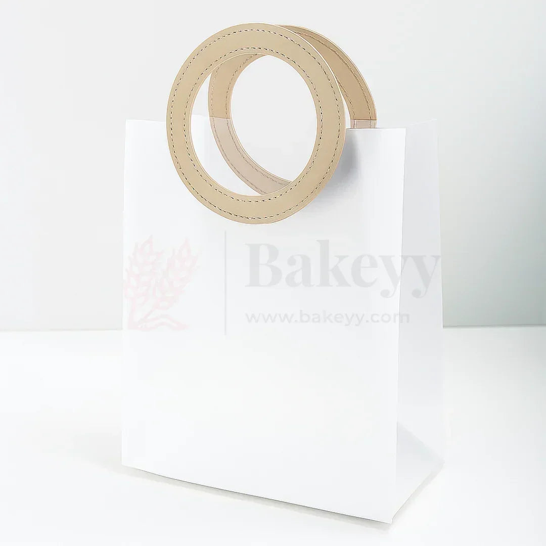 Transparent Bags With Leather Style Beige Colour Handles | Pack of 12 - Bakeyy.com - India - Transparent Bags With Leather Style Beige Colour Handles | Pack of 12 - 22x21x11Cm