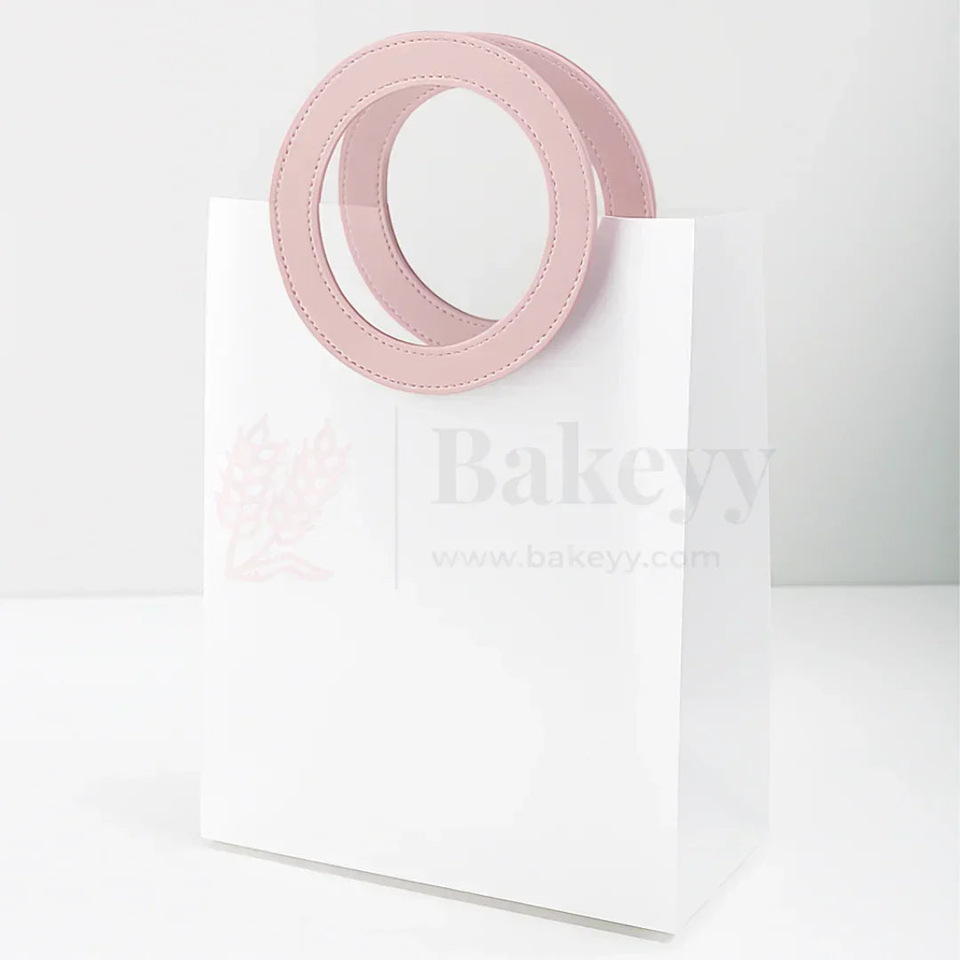 Transparent Bags With Leather Style Pink Colour Handles | Pack of 12