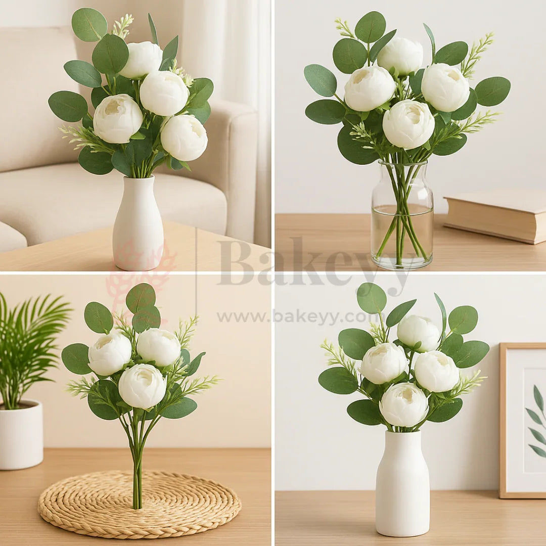 Artificial White Peony Flower Bouquet - 40cm | Elegant Faux Floral Bunch for Home Decor, Vase Styling & Events - Pack of 1