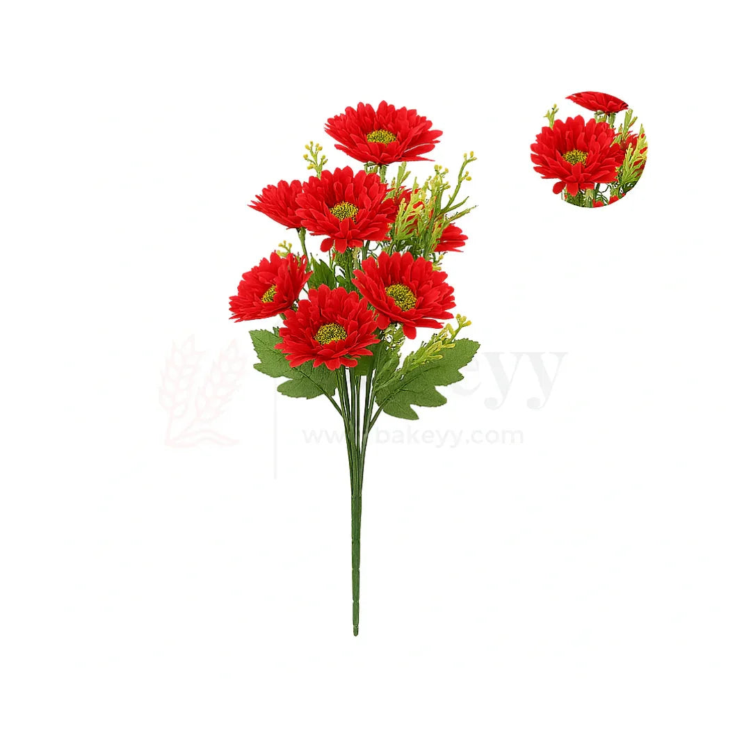Artificial Red Daisy Flower Bunch – 48cm | Faux Floral Bouquet for Vase, Gifting & Home Decor | Pack of 1