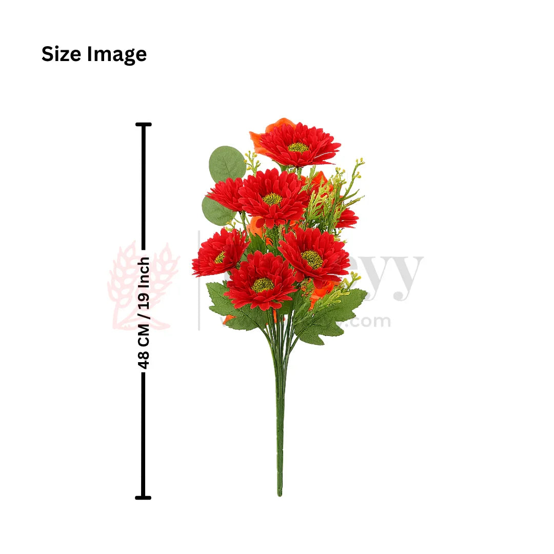 Artificial Red Daisy Flower Bunch – 48cm | Faux Floral Bouquet for Vase, Gifting & Home Decor | Pack of 1
