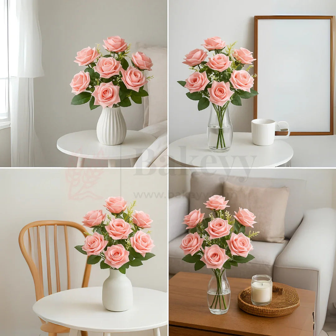 Artificial Pink Bloomed Rose Flower Bouquet - 40cm | Elegant Faux Floral Bunch for Home Decor, Vase Styling & Events - Pack of 1